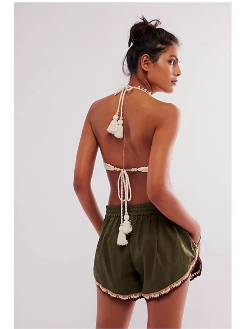 Free People Coastal Cruise pull on Olive Crochet-Trim Shorts - Picture 3 of 9